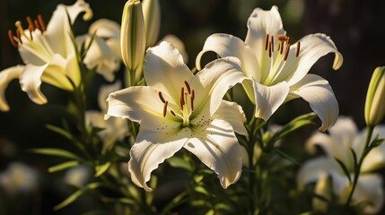 White lilies in the garden on a sunny day close-up. Mother's day concept with a space for a text. Valentine day concept with a copy space.