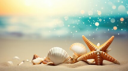 Fototapeta na wymiar Summer background seashells beach bokeh 