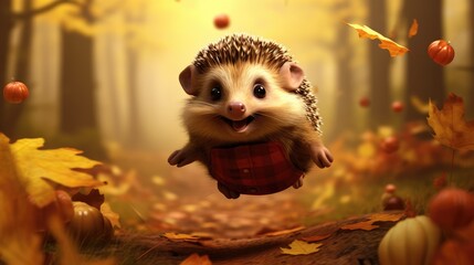 Autumn orange leaves with hedgehog. European Hedgehog, Erinaceus europaeus, on a green moss at the forest, photo with wide angle. Hedgehog in dark wood, autumn image.Cute funny animal with snipes - obrazy, fototapety, plakaty