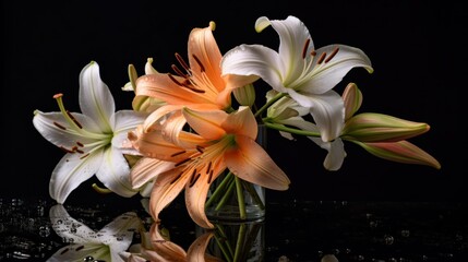 Bouquet of lilies on a black background with water drops. Mother's day concept with a space for a text. Valentine day concept with a copy space.