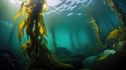 The Channel Islands in California host a vibrant submerged forest of Giant Kelp home to countless marine species With copyspace - obrazy, fototapety, plakaty