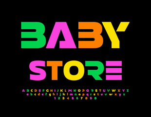 Fototapeta na wymiar Vector colorful Signboard Baby Store. Futuristic style Font. Modern set of bright Alphabet Letters and Numbersю