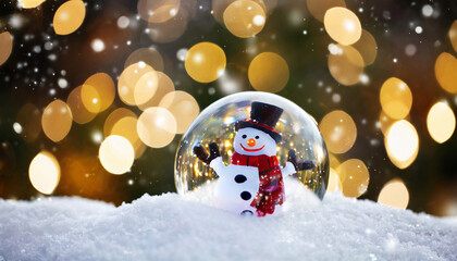 Christmas snowman in glass ball on snow