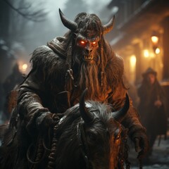 Krampus, evil Santa Claus based of European mythology, has glowing red eyes and horns, riding a demonic horse, generative ai 