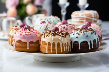 Colorful glazed doughnuts. Сoncept of Fat Thursday, Fat Tuesday, and Mardi Gras festival. AI