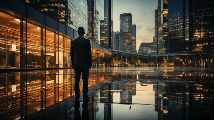 AI generated illustration of a mature adult male standing alone in a modern glass-enclosed building