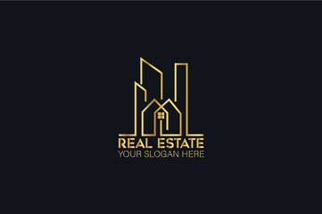 Luxury gold real estate logo with a building	