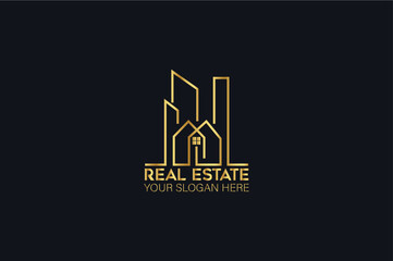 Luxury gold real estate logo with a building	