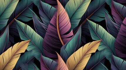 Tropical luxury exotic seamless pattern Pastel colorful banana leaves palm Handdrawn vintage 3D illustration Dark glamorous - obrazy, fototapety, plakaty