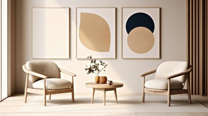 Two beige lounge chairs and round coffee table against wall with frames Japandi home interior design of modern living room 