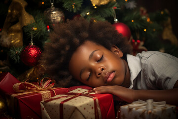 Fototapeta na wymiar Adorable small child sleeping under Christmas evergreen tree waiting Santa coming Generative AI technology picture