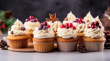 Variety of Christmas cupcakes with gingerbread sugared cranberry and candied pecans - obrazy, fototapety, plakaty