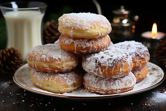 Hanukkah symbol jewish food holiday image of donut with jelly and sugar powder. AI Generative