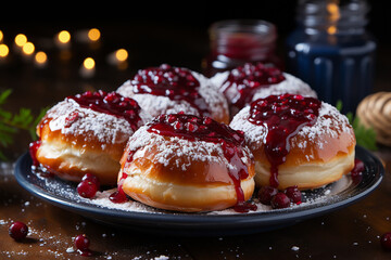 German donuts - krapfen or berliner - filled with jam. Associated with the concepts of Fat Tuesday, Fat Thursday, and Mardi Gras festival. AI - obrazy, fototapety, plakaty