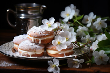 Homemade Berliner donuts dusted with powdered sugar, adorned with white flowers. Associated with the concepts of Fat Tuesday, Fat Thursday, and Mardi Gras festival. AI