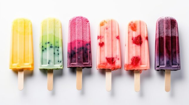 Variety of fruit and berry flavors of popsicles overhead view on white background 