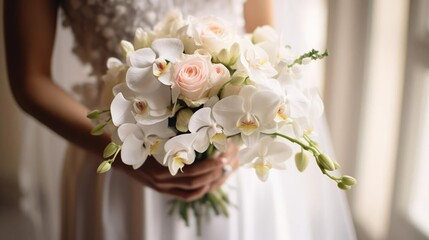Wedding day bride holding a bouquet in a wedding dress face not visible