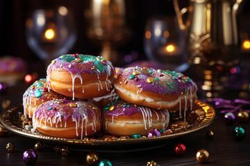 Delicious Berliner donuts covered colorful glaze, associated with the concepts of Mardi Gras, Fat Tuesday, and Fat Thursday. AI Generative - obrazy, fototapety, plakaty