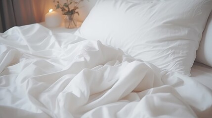 White bedding sheets and pillow background Messy bed concept created with technology