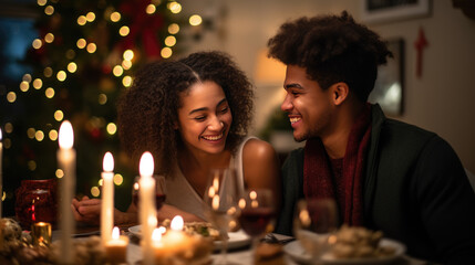 Obraz na płótnie Canvas Smiling couple close together at a festive Christmas dinner setting, with lit candles and a decorated tree in the background, creating a warm and intimate atmosphere.