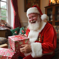 Father Christmas opening presents