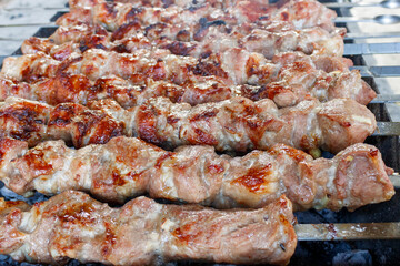 Close-up of pork meat on charcoal barbecue grill 
