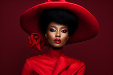 A stylish black woman adorned in red attire, A black model wearing red dress and hat