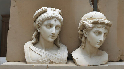 Obraz premium Two ancient greek marble busts, against a beige background.