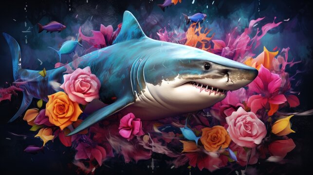  a painting of a great white shark surrounded by roses and other colorful flowers on a black background with a splash of water coming out of its mouth.  generative ai