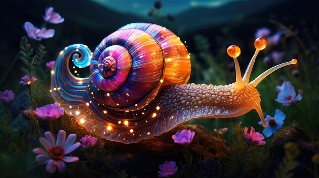  a close up of a snail in a field of flowers with lights on its back and on its back legs.  generative ai