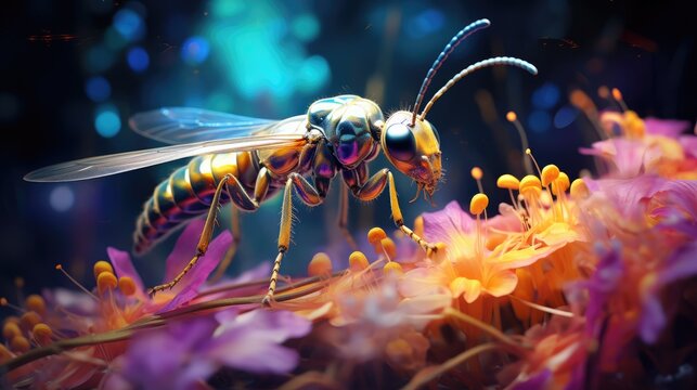 a close up of a fly on a flower with blurry lights in the background and a blurry image of flowers in the foreground.  generative ai