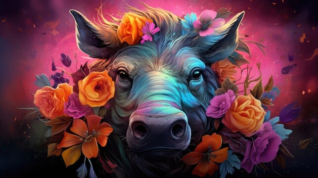  a painting of a cow with flowers on it's head and a purple background with orange and pink flowers.  generative ai