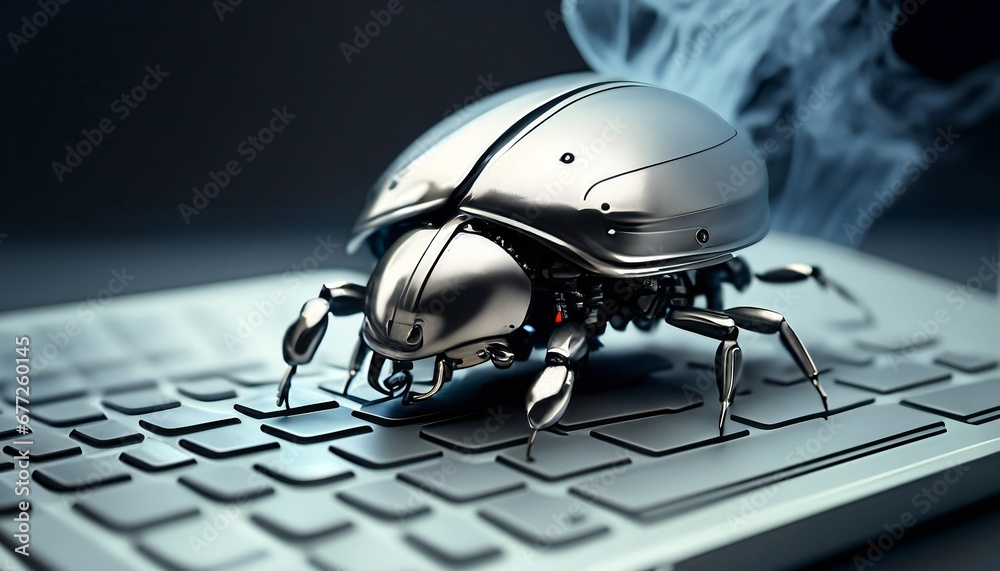 Poster beetle attacks and destroys electronics. concept of computer virus and malicious software code.