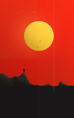 Naklejka premium Solitary Silhouette Against a Fiery Sunset, Book Cover Concept Background