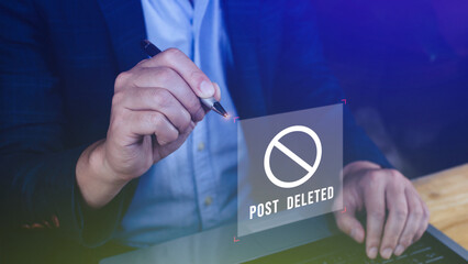Uses a computer laptop touching social media on a virtual screen, but the post has been deleted, Searching for more internet, search engine optimization.
