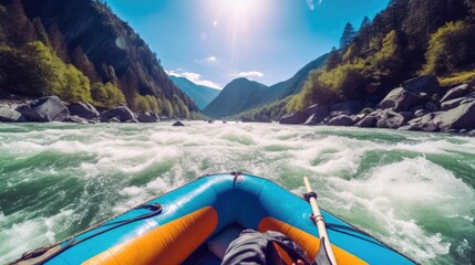 Whitewater river rafting view from raft canoe kayak paddling extreme sports 
