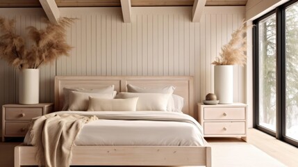 Wood bedside cabinet near bed with beige blanket Farmhouse interior design of modern bedroom with lining wall and beam ceiling 