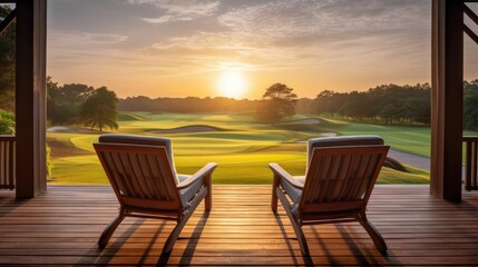 wooden veranda at a resort with two armchairs and tranquil sunrise view over the golf course 