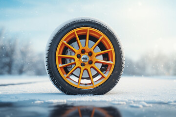 car wheel in snow standing alone on a frozen lake