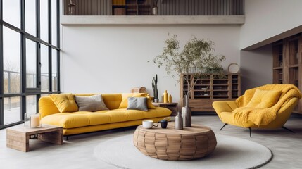 Yellow tufted sofa near rustic coffee table Scandinavian home interior design of modern two story living room 