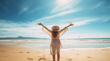 woman in white dress with raised arms raised on tropical beach at summer day