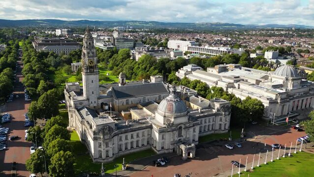Aerial view of Cardiff City Hall in Wales, United Kingdom