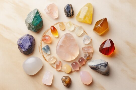 Reiki chakra crystals collection. Healing minerals for anti stress, positive energy flow and mindset balancing