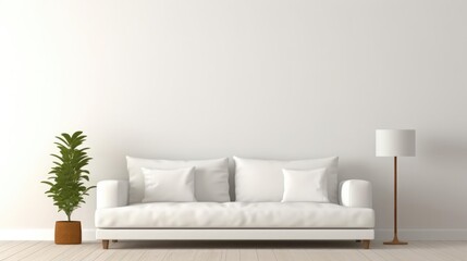 Fototapeta na wymiar White sofa or couch with side tables on a white background banner size minimalism fresh and calm interior