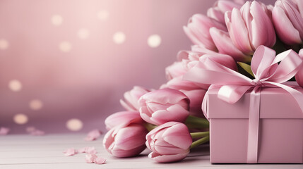festive layout with flowers and a gift with ribbons on a pastel background. copy space. top view. flat lay. concept of mother's day, valentines day, eighth of march