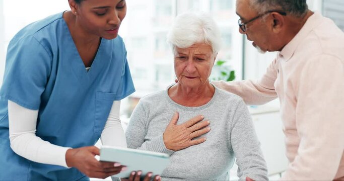 Bad news, old woman and man with nurse for results on tablet, cancer diagnosis support and medical advice. Senior care, elderly woman couple in shock, online test and healthcare expert consultation.