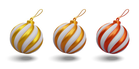 Set of Christmas tree toy with white, gold and red elements. New Year and Christmas. Toy for tree. 3d element with shadow on white background. Vector illustration in 3d realistic style