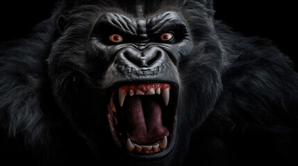 Silverback - adult male of a gorilla face. A gorilla appears to be angry, mouth open, yawning.