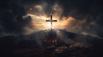 Resurrection - Light Cross Shape In Clouds - Risen - Jesus Ascends to Heaven Scene - obrazy, fototapety, plakaty