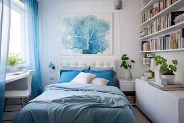 Modern small space bedroom interior for a student or young couple with contemporary furniture. Space optimization ideas - obrazy, fototapety, plakaty